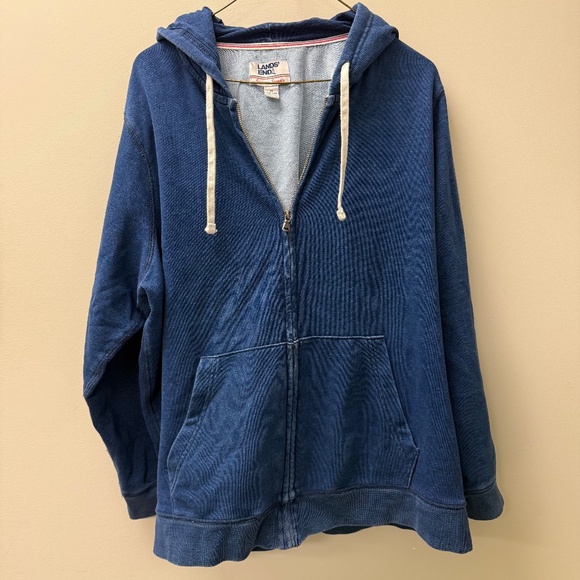 Lands' End Serious Sweats Sweatshirt Mens 2XL Navy Blue Full Zip Fleece Hoodie - Picture 2 of 4